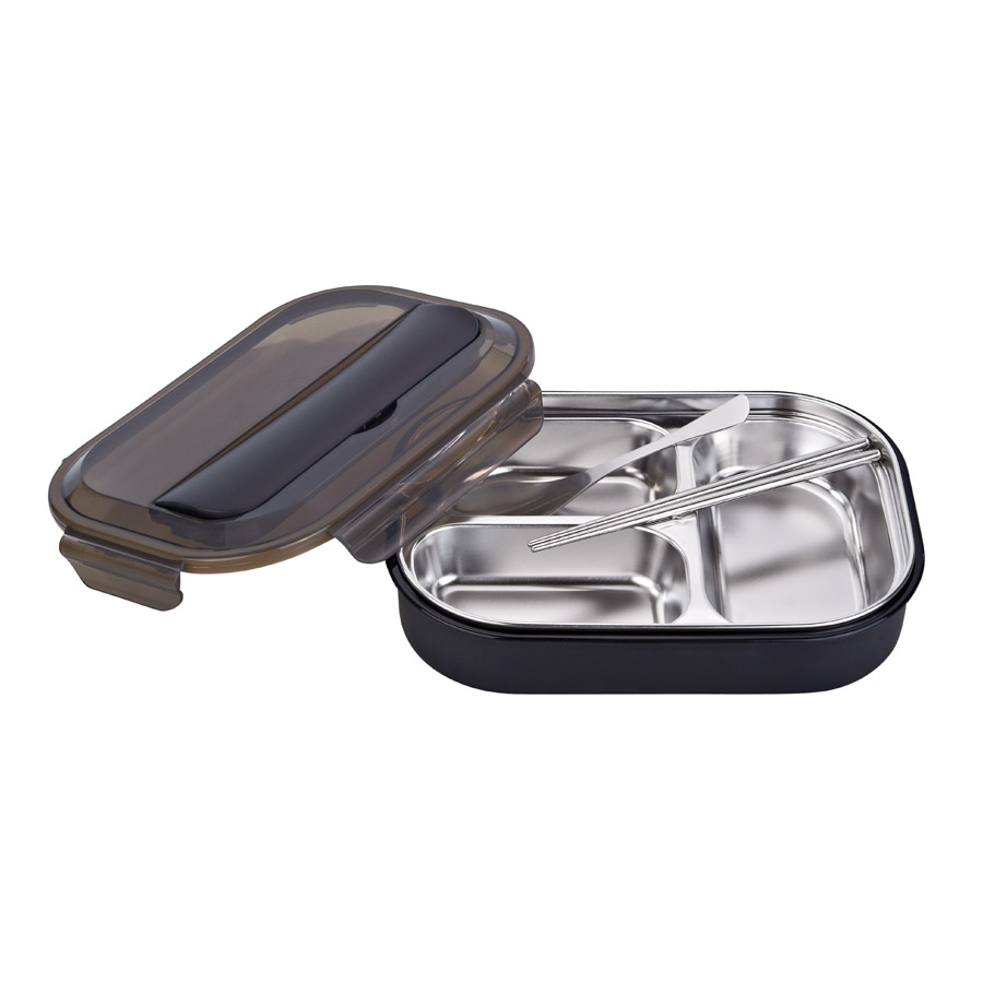 R-8845 黑色 美時不銹鋼套裝飯盒（3格）材質：PP+304不銹鋼 產(chǎn)品尺寸：（cm）長25.5x寬18.2x高6.