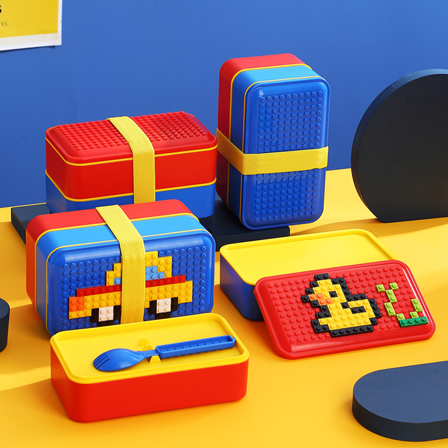積木長方雙層綁帶飯盒
